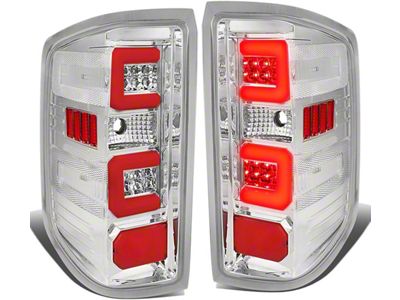 Dual Red C-Bar LED Tail Lights; Chrome Housing; Clear Lens (15-19 Sierra 3500 HD DRW w/ Factory Halogen Tail Lights)