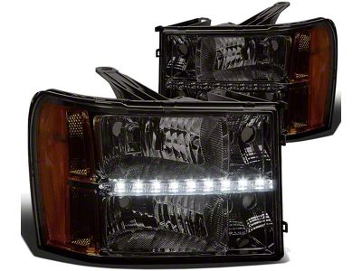 LED DRL Headlights with Amber Corner Lights; Chrome Housing; Smoked Lens (07-14 Sierra 3500 HD)