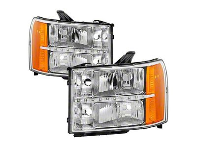 Headlights with Daytime LED Running Lights; Chrome Housing; Clear Lens (07-14 Sierra 3500 HD)