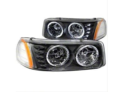 LED Halo Crystal Headlights; Black Housing; Clear Lens (01-06 Sierra 3500 HD)