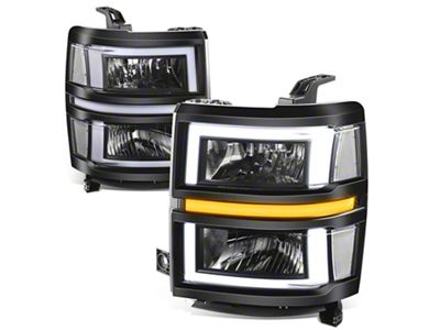 Box-Shaped LED DRL Sequential Headlights with Clear Corners; Black Housing; Clear Lens (14-15 Silverado 1500)