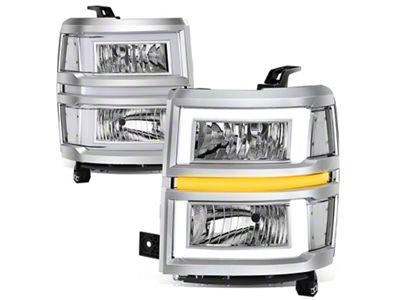 Box-Shaped LED DRL Sequential Headlights with Clear Corners; Chrome Housing; Clear Lens (14-15 Silverado 1500)