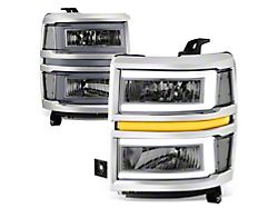 C-Shaped LED DRL Sequential Headlights with Clear Corners; Chrome Housing; Smoked Lens (14-15 Silverado 1500)