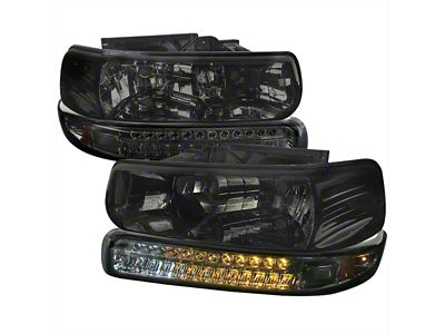 Factory Style Headlights with LED Bumper Corner Lights; Chrome Housing; Smoked Lens (99-02 Silverado 1500)