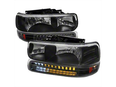 Factory Style Headlights with LED Bumper Corner Lights; Matte Black Housing; Clear Lens (99-02 Silverado 1500)