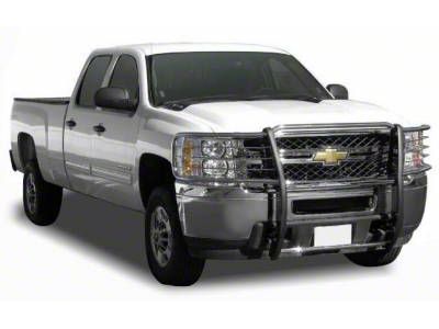 Grille Guard with 5.30-Inch Black Round Flood LED Lights; Stainless Steel (14-18 Silverado 1500)