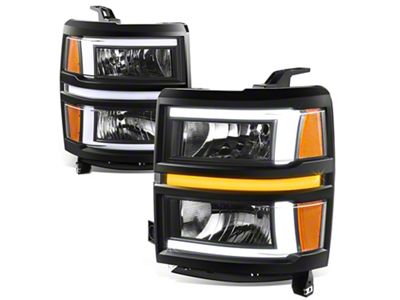 L-Shaped LED DRL Sequential Headlights with Amber Corners; Black Housing; Clear Lens (14-15 Silverado 1500)