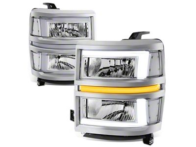 L-Shaped LED DRL Sequential Headlights with Clear Corners; Chrome Housing; Clear Lens (14-15 Silverado 1500)