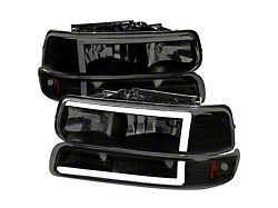 LED Bar Factory Style Headlights with Bumper Lights and Amber Reflector; Black Housing; Smoked Lens (99-02 Silverado 1500)