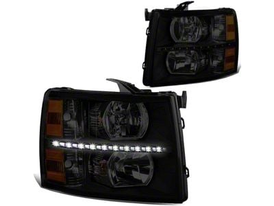 LED DRL Headlights with Amber Corner Lights; Black Housing; Smoked Lens (07-13 Silverado 1500)