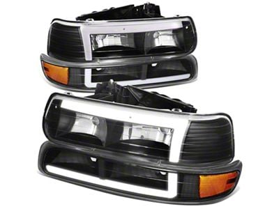 LED DRL Headlights with Amber Corners; Black Housing; Clear Lens (99-02 Silverado 1500)