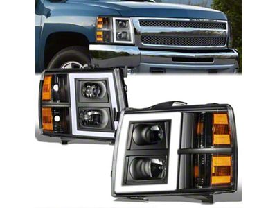 LED DRL Headlights with Amber Corners; Black Housing; Clear Lens (07-13 Silverado 1500 w/ Factory Halogen Headlights)