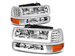 LED DRL Headlights with Amber Corners; Chrome Housing; Clear Lens (99-02 Silverado 1500)