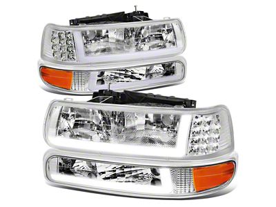 LED DRL Headlights with Amber Corners; Chrome Housing; Clear Lens (99-02 Silverado 1500)