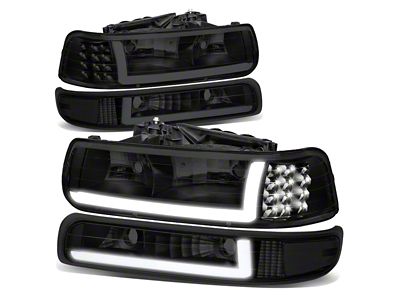 LED DRL Headlights with Clear Corners; Black Housing; Smoked Lens (99-02 Silverado 1500)