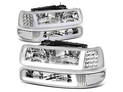 LED DRL Headlights with Clear Corners; Chrome Housing; Clear Lens (99-02 Silverado 1500)