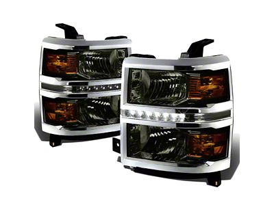 LED DRL Projector Headlights with Amber Corners; Chrome Housing; Smoked Lens (14-15 Silverado 1500)