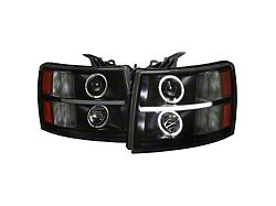 LED Strip Dual Halo Projector Headlights; Matte Black Housing; Smoked Lens (07-13 Silverado 1500)