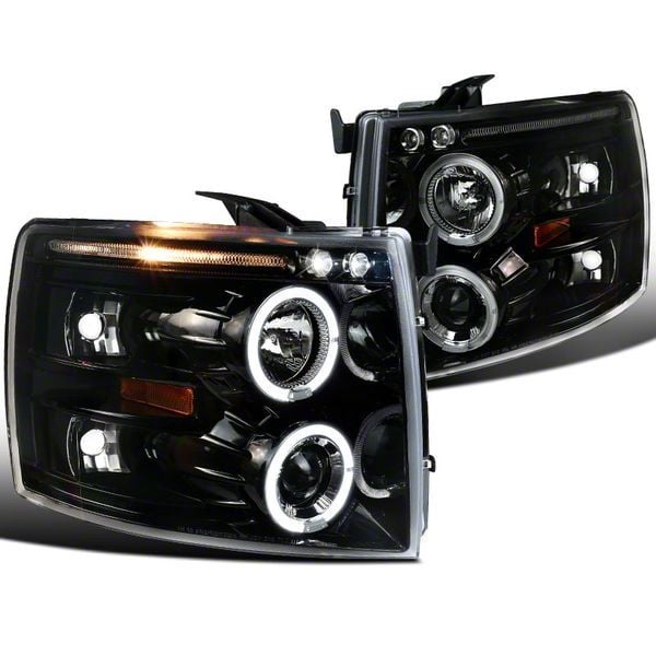 Silverado 1500 Projector Headlight; Dual Halo; Parking Led: Black (07 