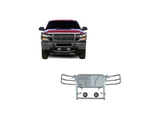 Rugged Heavy Duty Grille Guard with 5.30-Inch Black Round LED Lights; Black (07-13 Silverado 1500)