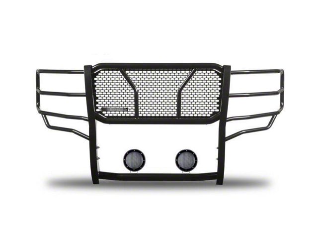 Rugged Heavy Duty Grille Guard with 5.30-Inch Black Round LED Lights; Black (14-18 Silverado 1500 w/o Active Grille Shutters)