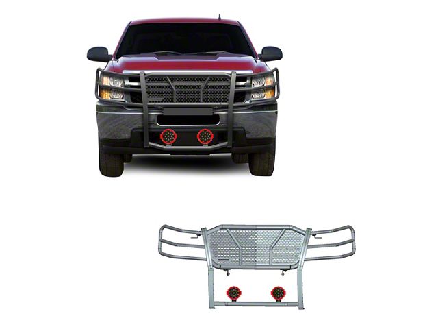 Rugged Heavy Duty Grille Guard with 7-Inch Red Round LED Lights; Black (07-13 Silverado 1500)