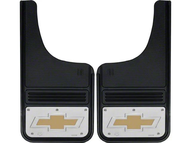 12-Inch x 23-Inch Mud Flaps with Gold Bowtie Logo; Front or Rear (Universal; Some Adaptation May Be Required)