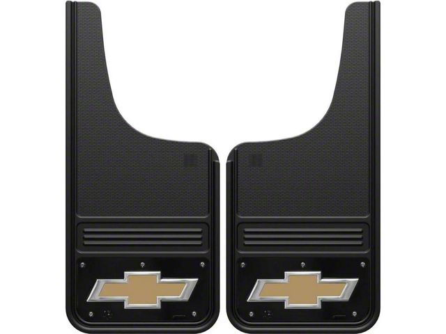 12-Inch x 26-Inch Mud Flaps with Gold Bowtie Logo; Front or Rear (Universal; Some Adaptation May Be Required)