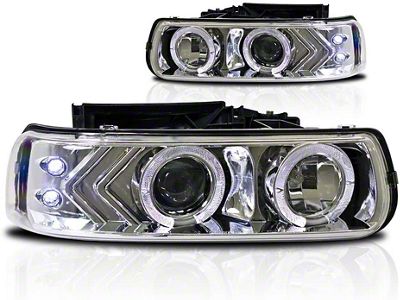 Halo Projector Headlights; Chrome Housing; Clear Lens (01-02 Silverado 2500 HD)