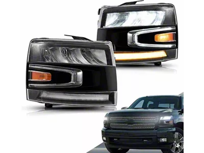 LED Headlights with Sequential Turn Signals; Black Housing; Clear Lens (07-14 Silverado 2500 HD)