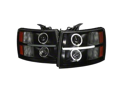 LED Strip Dual Halo Projector Headlights; Matte Black Housing; Smoked Lens (07-14 Silverado 2500 HD)