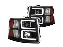 Dual LED C-Bar Projector Headlights; Matte Black Housing; Clear Lens (07-14 Silverado 2500 HD)