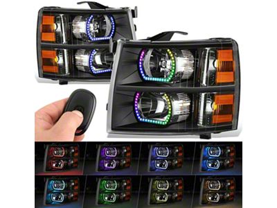 RGB LED DRL Headlights with Amber Corners; Black Housing; Clear Lens (07-14 Silverado 2500 HD)