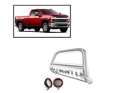 Bull Bar with 5.30-Inch Red Round Flood LED Lights; Stainless Steel (20-24 Silverado 3500 HD)