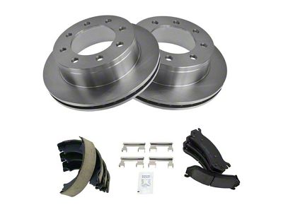 Ceramic 8-Lug Brake Rotor, Pad and Parking Shoe Kit; Rear (07-10 Silverado 3500 HD)