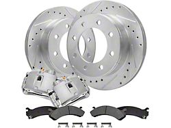 Drilled and Slotted 8-Lug Brake Rotor, Pad and Caliper Kit; Front (07-10 Silverado 3500 HD SRW)