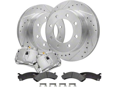 Drilled and Slotted 8-Lug Brake Rotor, Pad and Caliper Kit; Front (07-10 Silverado 3500 HD SRW)