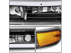 Dual C-Bar LED DRL Headlights with Amber Corners; Black Housing; Clear Lens (01-02 Silverado 3500 HD)