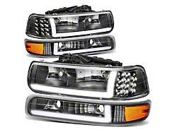 LED DRL Headlights with Amber Corners; Black Housing; Clear Lens (01-02 Silverado 3500 HD)