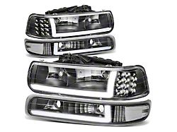 LED DRL Headlights with Clear Corners; Black Housing; Clear Lens (01-02 Silverado 3500 HD)