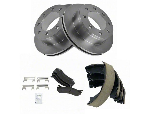 Semi-Metallic 8-Lug Brake Rotor, Pad and Parking Shoe Kit; Rear (07-10 Silverado 3500 HD)