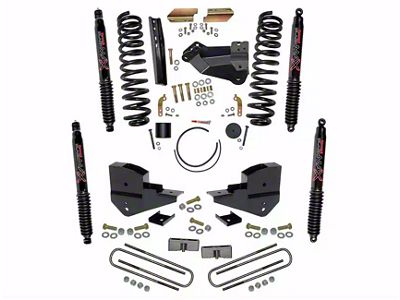 SkyJacker 4-Inch Suspension Lift Kit with Rear Lift Blocks and Black MAX Shocks (23-24 4WD 6.8L, 7.3L F-250 Super Duty w/o 4-Inch Axles, Factory LED Headlights, Onboard Scales)