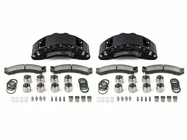 SSBC-USA Barbarian Rear 8-Piston Direct Fit Caliper and Semi-Metallic Brake Pad Upgrade Kit with Cross-Drilled Slotted Rotors; Black Calipers (13-22 F-350 Super Duty SRW)