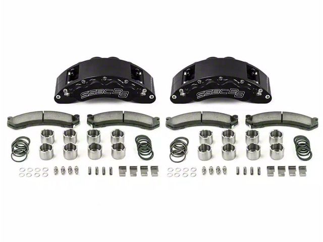 SSBC-USA Barbarian Rear 8-Piston Direct Fit Caliper and Semi-Metallic Brake Pad Upgrade Kit with Cross-Drilled Slotted Rotors; Black Calipers (09-18 RAM 2500)