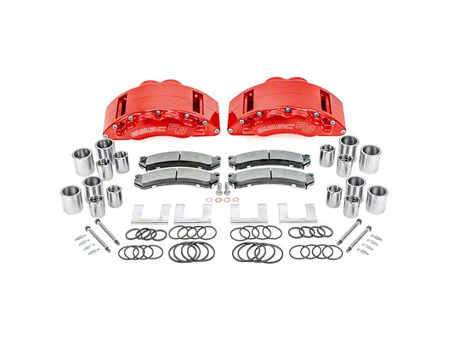 SSBC-USA Barbarian Rear 8-Piston Direct Fit Caliper and Semi-Metallic Brake Pad Upgrade Kit with Cross-Drilled Slotted Rotors; Red Calipers (19-24 RAM 3500 SRW)