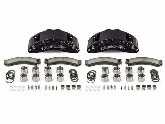 SSBC-USA Barbarian Front 8-Piston Direct Fit Caliper and Semi-Metallic Brake Pad Upgrade Kit with Cross-Drilled Slotted Rotors; Black Calipers (20-24 Sierra 2500 HD)