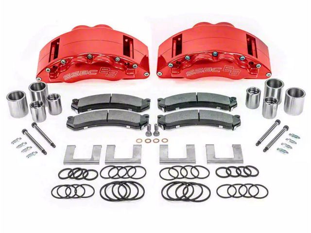 SSBC-USA Barbarian Front 8-Piston Direct Fit Caliper and Semi-Metallic Brake Pad Upgrade Kit with Cross-Drilled Slotted Rotors; Red Calipers (11-19 Sierra 2500 HD)