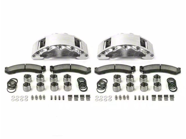 SSBC-USA Barbarian Front 8-Piston Direct Fit Caliper and Semi-Metallic Brake Pad Upgrade Kit with Cross-Drilled Slotted Rotors; Clear Anodized Calipers (20-24 Silverado 2500 HD)