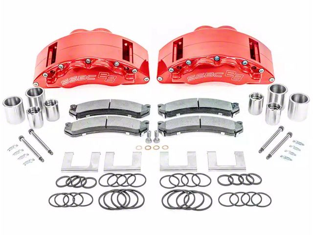 SSBC-USA Barbarian Front 8-Piston Direct Fit Caliper and Semi-Metallic Brake Pad Upgrade Kit; Red Calipers (20-24 Silverado 2500 HD)