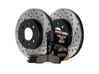 StopTech Truck Axle Slotted and Drilled 8-Lug Brake Rotor and Pad Kit; Rear (11-12 2WD F-250 Super Duty)